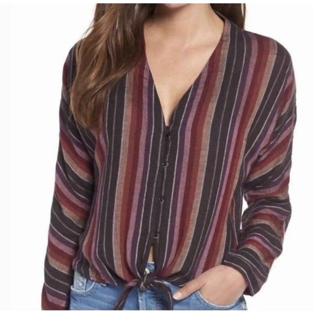 Rails Women Small Striped Tie Front Blouse Rayon Linen Long Sleeve Boho Top